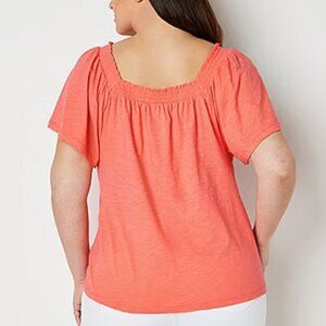 NEW! St Johns Bay Cute Relaxed Top orange Plus 2X Square Neck Ruffles Pleated Sl